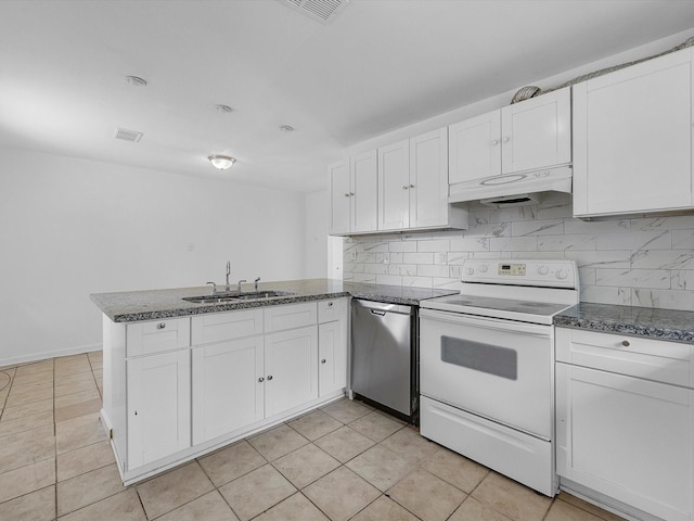 8161 Record St, Houston, TX 77028 - kitchen featuring white range with electric stovetop, stainless steel dishwasher, under cabinet range hood, a peninsula, and white cabinetry