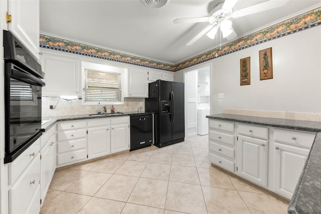 1305 Haines Dr, College Station, TX 77840 - kitchen with black appliances, ceiling fan, white cabinetry, backsplash, and ornamental molding