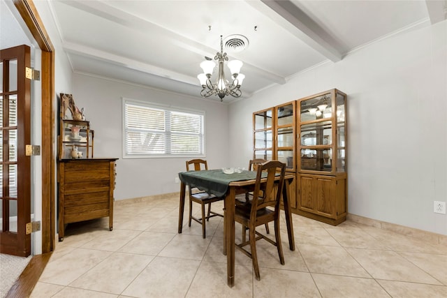 1305 Haines Dr, College Station, TX 77840 - dining space with a chandelier, beam ceiling, and light tile patterned flooring