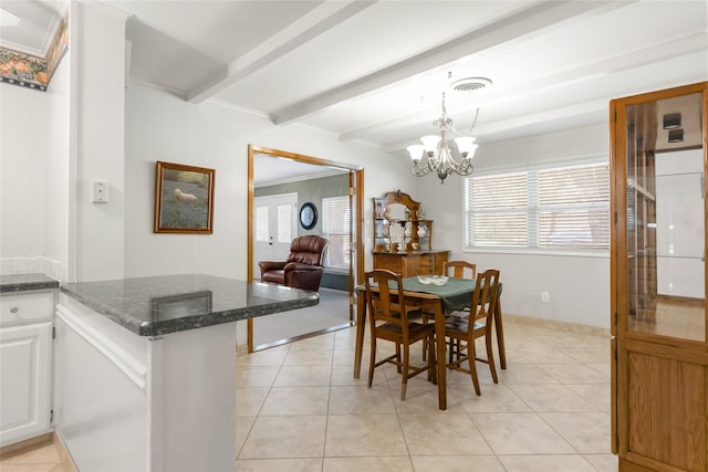 1305 Haines Dr, College Station, TX 77840 - dining space featuring beamed ceiling, ornamental molding, a chandelier, and light tile patterned floors