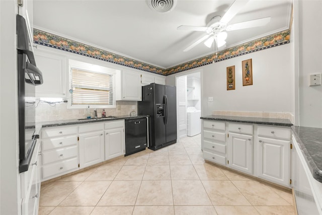 1305 Haines Dr, College Station, TX 77840 - kitchen featuring black appliances, washer / dryer, a ceiling fan, white cabinetry, and ornamental molding