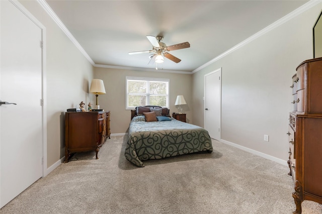 1305 Haines Dr, College Station, TX 77840 - bedroom with crown molding, light colored carpet, and ceiling fan