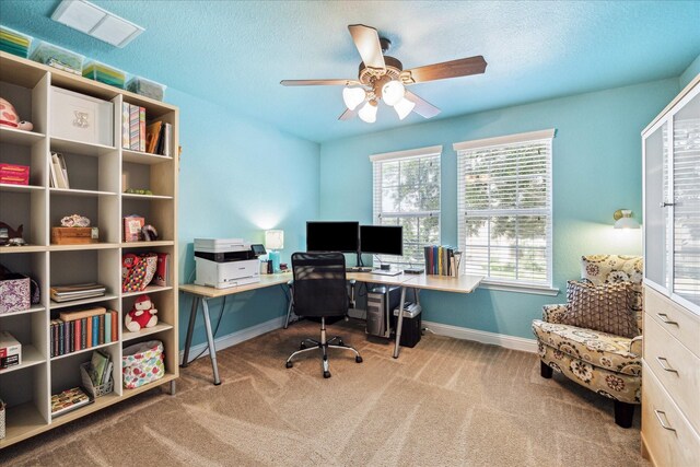 6903 Stevenson Dr, Missouri City, TX 77459 - office space with carpet floors, a ceiling fan, and a textured ceiling