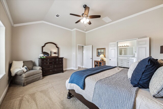 6903 Stevenson Dr, Missouri City, TX 77459 - carpeted bedroom featuring vaulted ceiling, crown molding, connected bathroom, and ceiling fan
