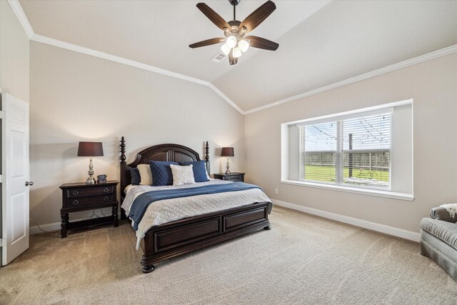 6903 Stevenson Dr, Missouri City, TX 77459 - carpeted bedroom featuring vaulted ceiling, crown molding, and a ceiling fan