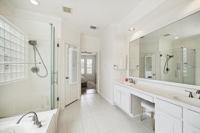 6403 Hidden Crest Way, Sugar Land, TX 77479 - ensuite bathroom with a shower stall, double vanity, ornamental molding, tile patterned flooring, and a bath