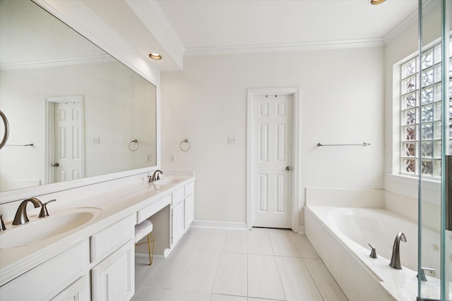 6403 Hidden Crest Way, Sugar Land, TX 77479 - bathroom featuring ornamental molding, double vanity, a bath, tile patterned floors, and recessed lighting