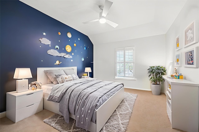 6403 Hidden Crest Way, Sugar Land, TX 77479 - bedroom with light colored carpet, lofted ceiling, and ceiling fan