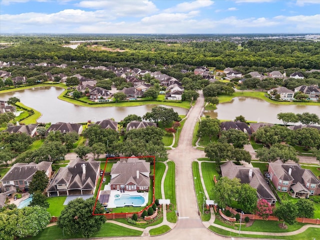 6403 Hidden Crest Way, Sugar Land, TX 77479 - aerial perspective of suburban area featuring property boundaries highlighted and a nearby body of water