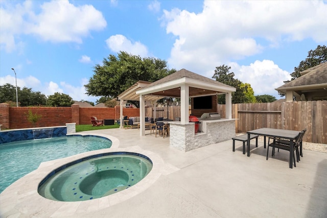 6403 Hidden Crest Way, Sugar Land, TX 77479 - view of swimming pool with a gazebo, a fenced backyard, a patio area, and a pool with connected hot tub