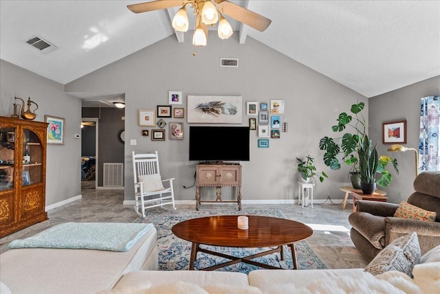 2004 Tuscarora Ct, League City, TX 77573 - living room with a ceiling fan, vaulted ceiling, and marble finish flooring