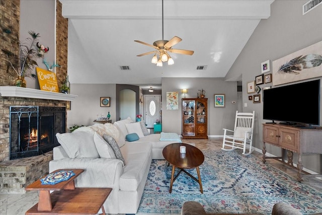 2004 Tuscarora Ct, League City, TX 77573 - living room with high vaulted ceiling, a ceiling fan, a fireplace, and beam ceiling