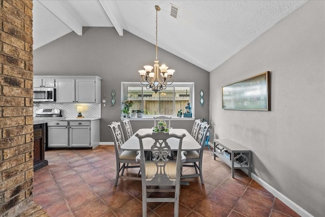 2004 Tuscarora Ct, League City, TX 77573 - dining room with a chandelier, dark tile patterned flooring, beam ceiling, and high vaulted ceiling