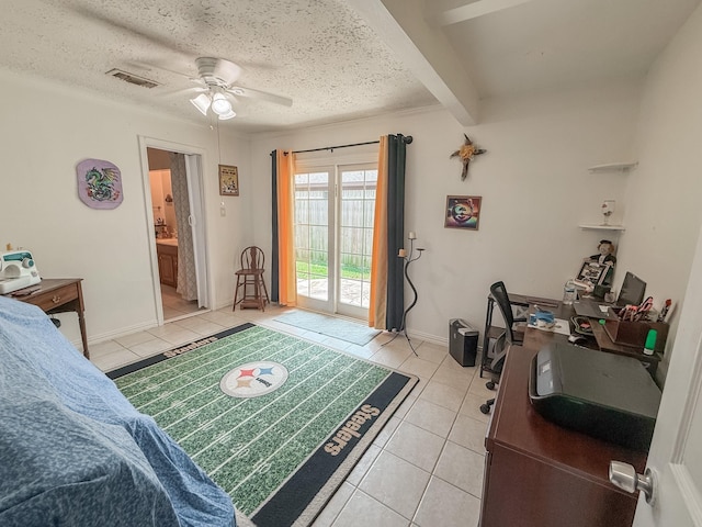 309 Baycrest Dr, League City, TX 77573 - bedroom with light tile patterned flooring, access to outside, an office area, a textured ceiling, and a ceiling fan