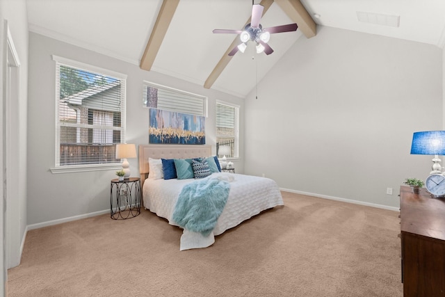 14 Painted Post Pl, The Woodlands, TX 77389 - carpeted bedroom with beamed ceiling, multiple windows, ceiling fan, and high vaulted ceiling