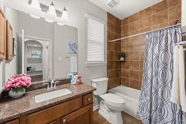 14 Painted Post Pl, The Woodlands, TX 77389 - full bathroom with vanity, shower / bathtub combination with curtain, and tile patterned floors