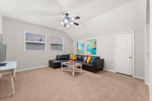 14 Painted Post Pl, The Woodlands, TX 77389 - living area with light carpet, ceiling fan, and vaulted ceiling
