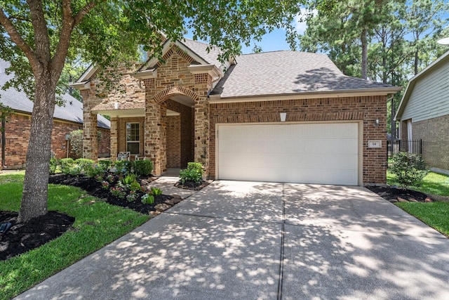14 Painted Post Pl, The Woodlands, TX 77389 - traditional home featuring brick siding, concrete driveway, a shingled roof, and a garage