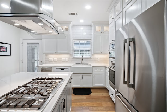 6602 Ranch Park Dr, Magnolia, TX 77354 - kitchen featuring appliances with stainless steel finishes, wall chimney range hood, light wood finished floors, tasteful backsplash, and white cabinetry
