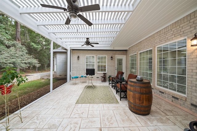 6602 Ranch Park Dr, Magnolia, TX 77354 - view of patio with ceiling fan, a pergola, and an outdoor living space