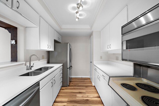 9650 Westview Dr, Houston, TX 77055 - kitchen featuring stainless steel appliances, a tray ceiling, light countertops, light wood-style flooring, and crown molding