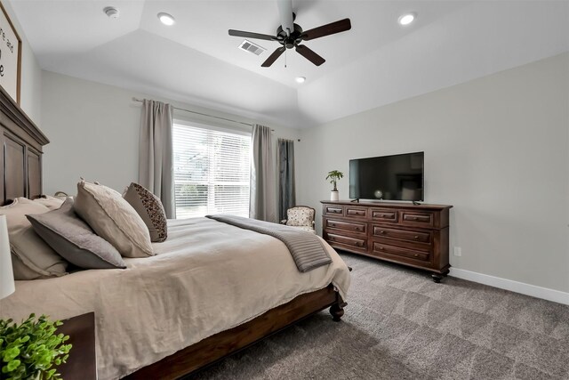 2411 Sunset Mist Ln, Conroe, TX 77304 - bedroom featuring light carpet, recessed lighting, lofted ceiling, and a ceiling fan