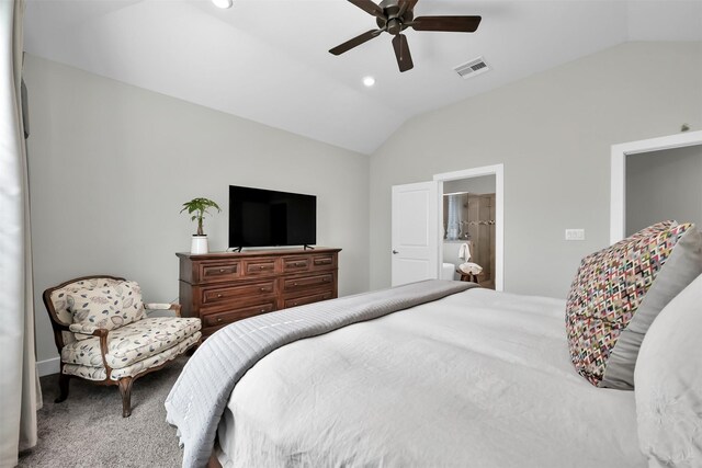 2411 Sunset Mist Ln, Conroe, TX 77304 - carpeted bedroom with lofted ceiling, ceiling fan, and recessed lighting