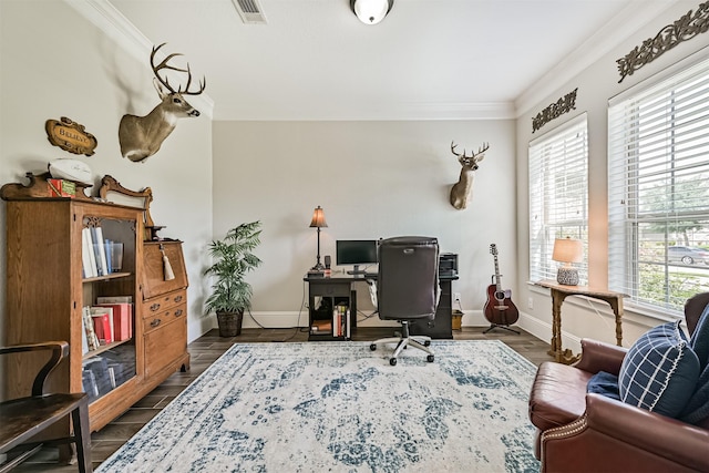 2424 Prairie Mist Ln, Friendswood, TX 77546 - office featuring plenty of natural light, crown molding, and dark wood-type flooring