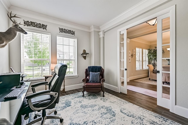 2424 Prairie Mist Ln, Friendswood, TX 77546 - office with ornamental molding, wood finished floors, and french doors