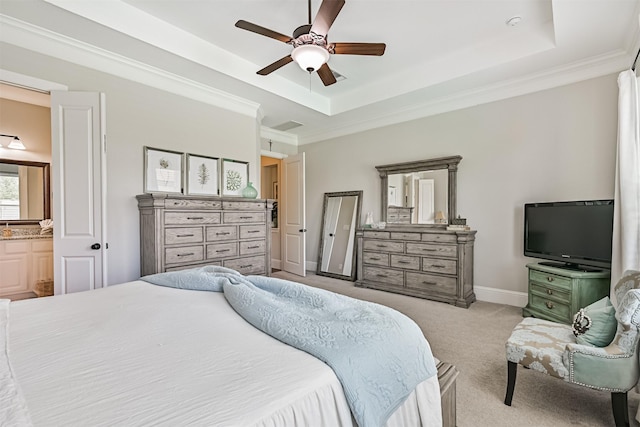 2424 Prairie Mist Ln, Friendswood, TX 77546 - bedroom featuring carpet flooring, a raised ceiling, crown molding, ceiling fan, and ensuite bathroom
