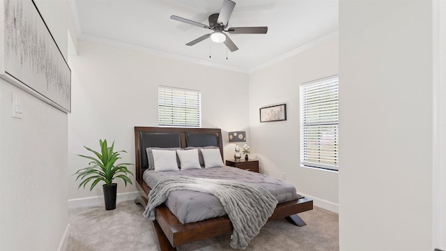 10002 Wilma Ln, Beach City, TX 77523 - carpeted bedroom featuring crown molding and ceiling fan