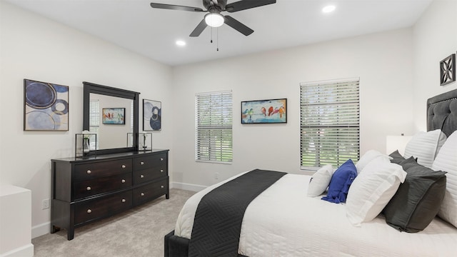10002 Wilma Ln, Beach City, TX 77523 - bedroom featuring light colored carpet, recessed lighting, and ceiling fan