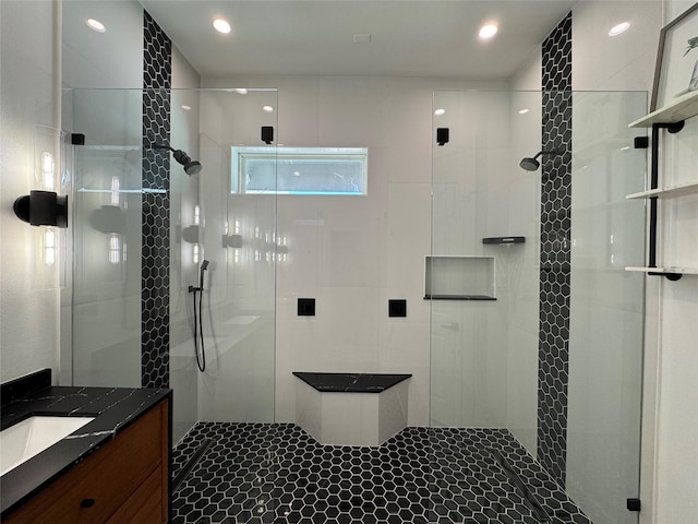 418 Bayou St, Houston, TX 77020 - full bath featuring a shower stall, vanity, recessed lighting, and tile patterned floors
