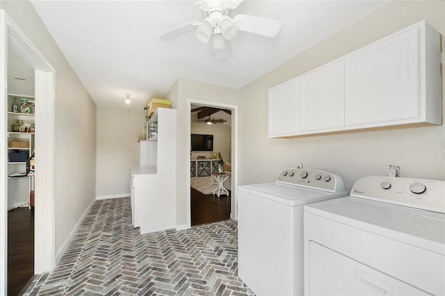 1209 Kansas Ave S, Anahuac, TX 77514 - laundry room with a ceiling fan, brick flooring, washer and dryer, and cabinet space
