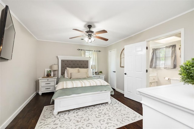 1209 Kansas Ave S, Anahuac, TX 77514 - bedroom featuring dark wood-type flooring, ornamental molding, connected bathroom, and a ceiling fan