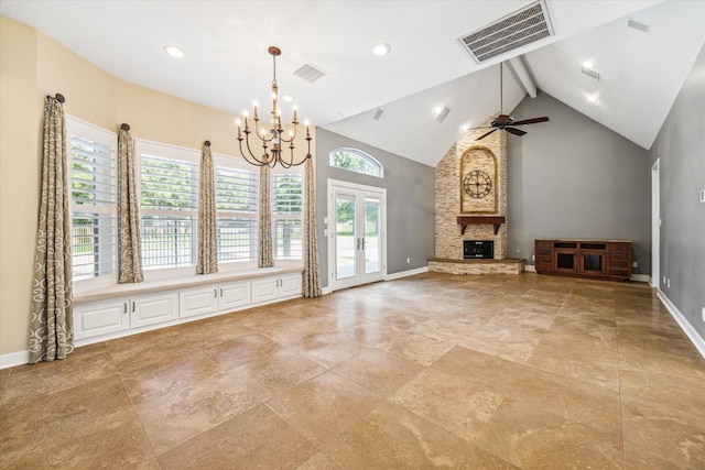 2215 Timbershade Ct, Magnolia, TX 77355 - unfurnished living room featuring a chandelier, french doors, high vaulted ceiling, ceiling fan, and beam ceiling