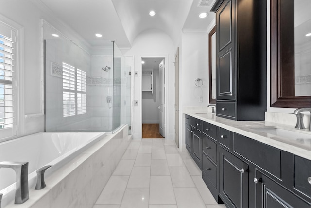 1156 Mosaico Ln, Houston, TX 77055 - bathroom with a stall shower, a garden tub, tile patterned floors, double vanity, and healthy amount of natural light
