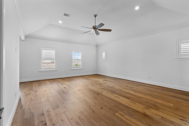 1156 Mosaico Ln, Houston, TX 77055 - empty room featuring lofted ceiling, ceiling fan, ornamental molding, hardwood / wood-style floors, and recessed lighting