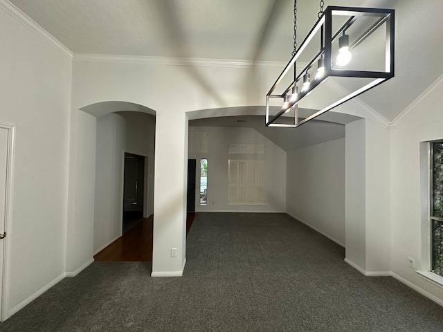 2606 Iris Ct, Pearland, TX 77584 - interior space featuring arched walkways, dark colored carpet, and crown molding