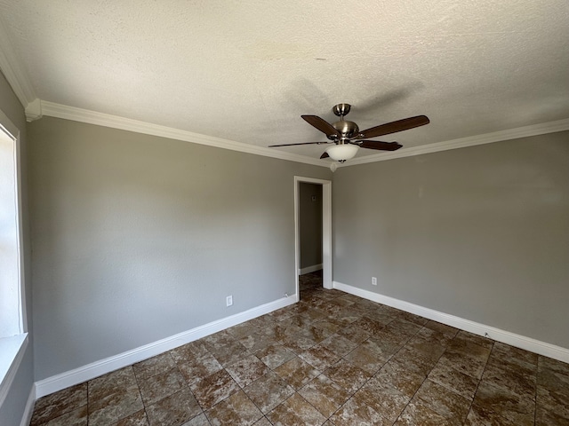 1013 E 40th St, Houston, TX 77022 - spare room with ceiling fan, a textured ceiling, ornamental molding, and stone finish flooring