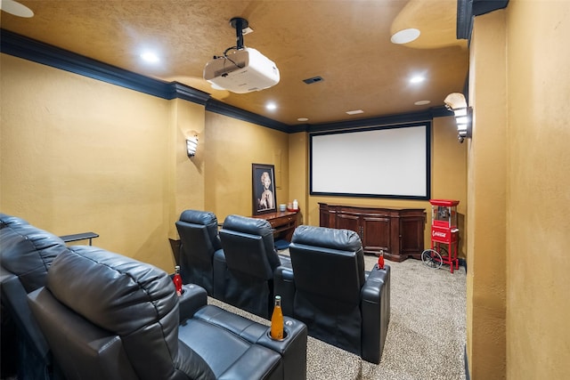 7417 Teaswood Dr, Conroe, TX 77304 - carpeted cinema with crown molding and recessed lighting