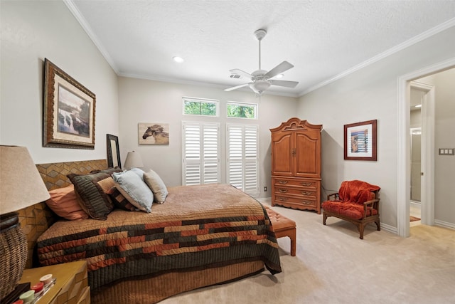 7417 Teaswood Dr, Conroe, TX 77304 - bedroom with crown molding, light colored carpet, ceiling fan, and recessed lighting