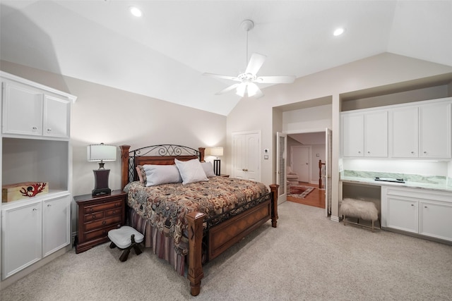 7417 Teaswood Dr, Conroe, TX 77304 - bedroom featuring vaulted ceiling, light carpet, a ceiling fan, and recessed lighting