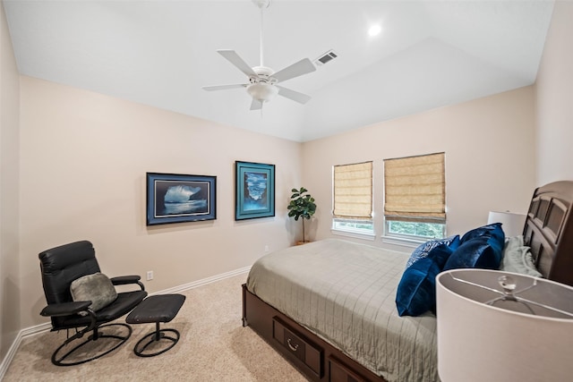 7417 Teaswood Dr, Conroe, TX 77304 - bedroom with light colored carpet, vaulted ceiling, and ceiling fan