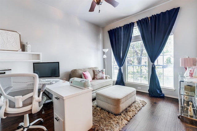 8710 Candleshine Cir, Houston, TX 77095 - office area with a ceiling fan and dark wood finished floors