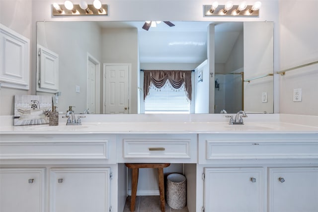 8710 Candleshine Cir, Houston, TX 77095 - bathroom featuring double vanity, a shower with shower door, and ceiling fan