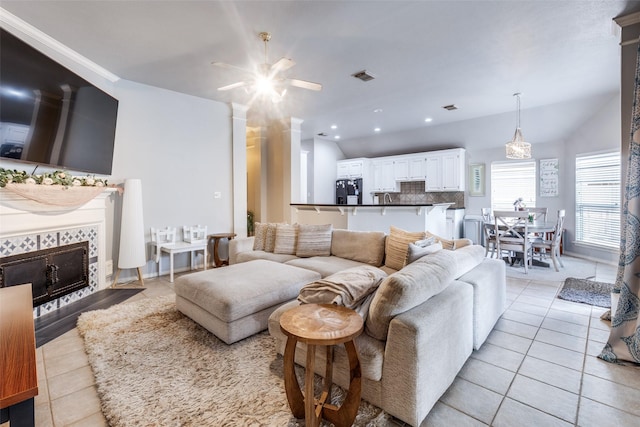8710 Candleshine Cir, Houston, TX 77095 - living room with light tile patterned floors and lofted ceiling
