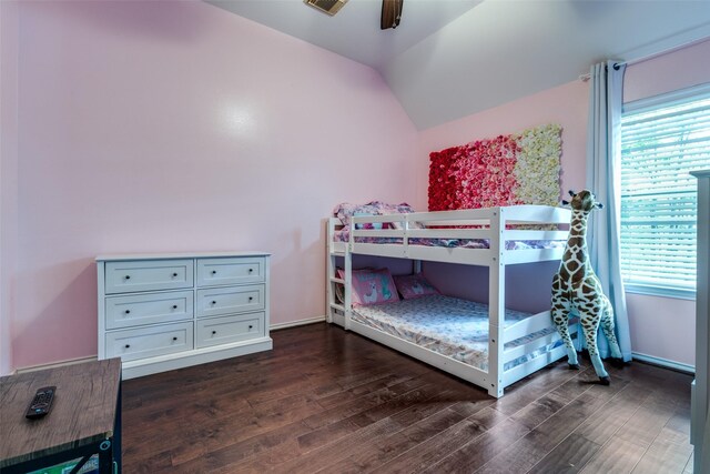 8710 Candleshine Cir, Houston, TX 77095 - bedroom featuring dark wood-type flooring, vaulted ceiling, multiple windows, and ceiling fan