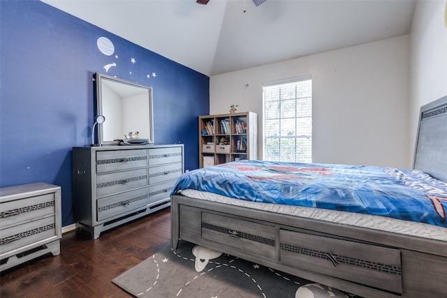 8710 Candleshine Cir, Houston, TX 77095 - bedroom featuring lofted ceiling, wood finished floors, and a ceiling fan