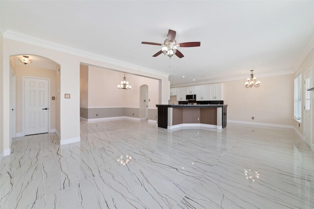 23703 Shaw Perry Ln, Katy, TX 77493 - unfurnished living room with a chandelier, crown molding, arched walkways, ceiling fan, and light marble finish flooring